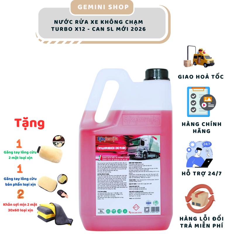 1 Can 5 Lít - Nước rửa xe không chạm Ekokemika Turbo X12 - Tặng 2 găng tay lông cừu loại xịn và 2 khăn 2 lớp siêu mịn