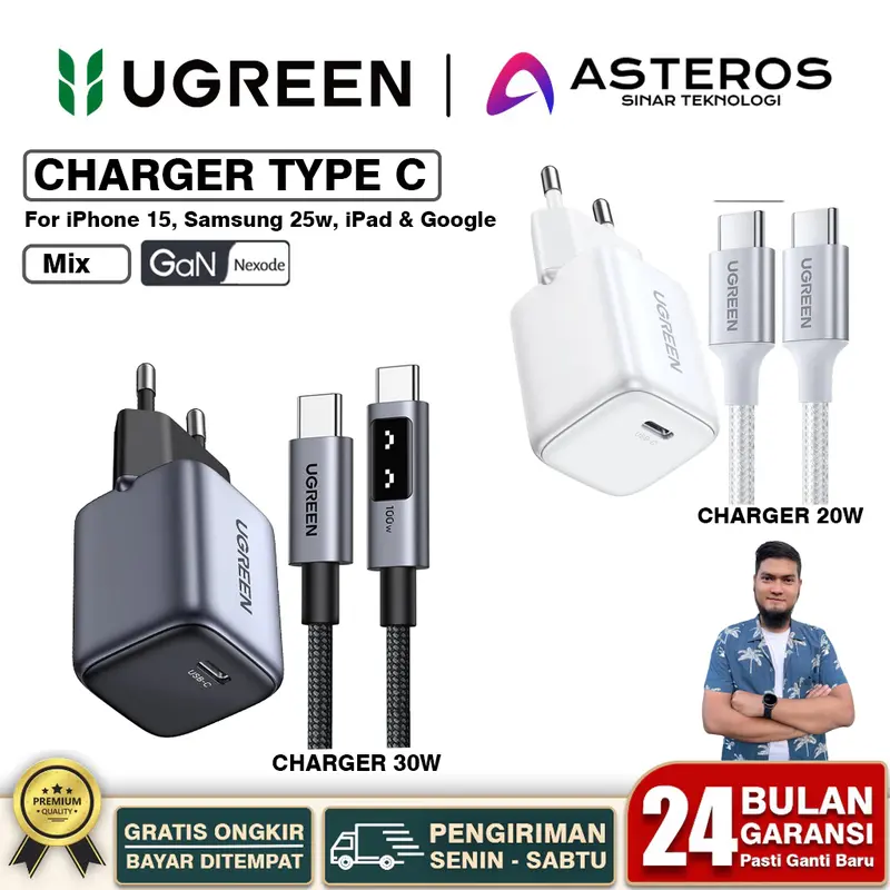 [ Asteros X Irvan Galih ] UGREEN Charger Type-C to Type-C PD Fast Charging 20w 30w Untuk iPhone 15, Samsung, iPad, Google 0