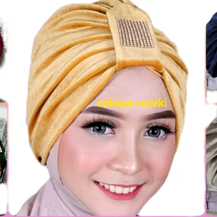 Turban Bludru Payet Swarovsky Dewasa Mewah Turban Pesta Turban Instan  Kerudung Muslim Jilbab Wanita Hitam