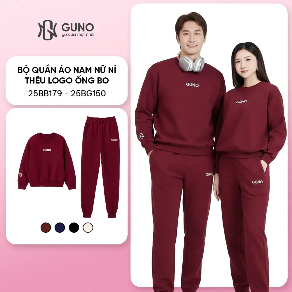 GUNO-Bộ quần áo NỈ NAM NỮ GUNO logo tay quần bo gấu BASIC SP5 |25BG150/25BB179