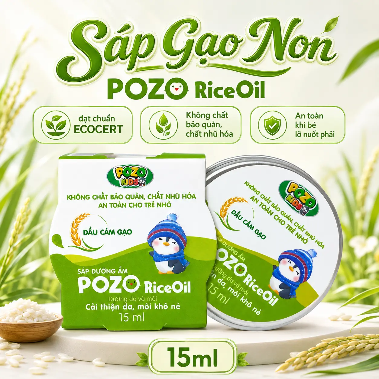Sáp Gạo Non - POZOKIDS - Sáp Dưỡng Ẩm Pozo Rice Oil - Dưỡng ẩm Da và Môi thuần chay cho bé.