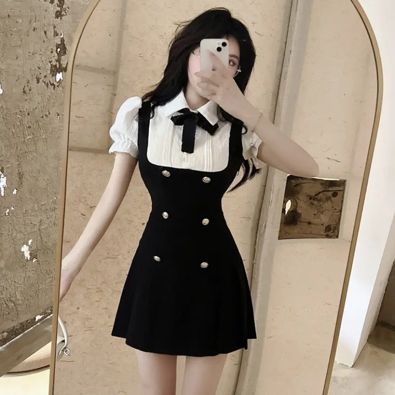 Váy ngắn Tay Giả Hai Mảnh, Dành Cho Phụ Nữ, Phong Cách Preppy Mùa Xuân, Tay Phồng, Váy Bodycon Chữ A, Váy Eo
