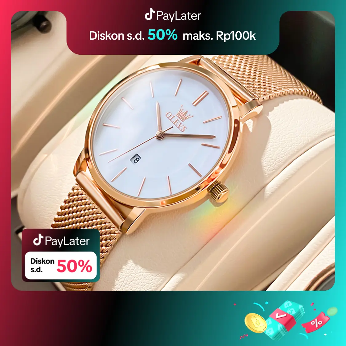 OLEVS Jam Tangan Wanita Original Anti Air Tahan Kecil Branded Elegan Analog Rose Gold Ultra-thin Women Watch Arloji Hitam