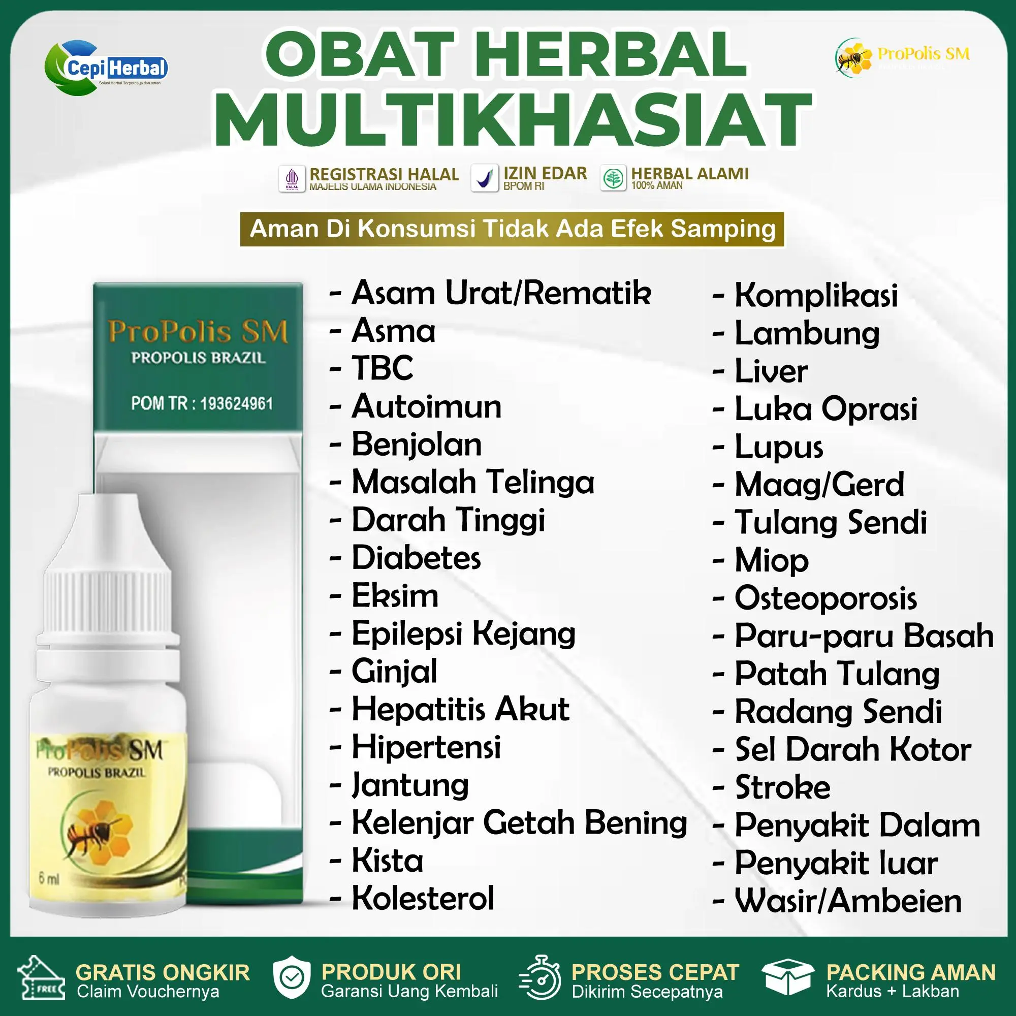 Herbal Amandel Autoimun Sinusitis Anosmia Tetes Telinga Luka Kulit Diabetes Benjolan Miom Kista Kutil Keloid Cantengan Asma TBC Batuk  Gatal Berdahak FLU Filek Kolesterol Asam Lambung Maag Gred Wasir Ambeien Multikhasiat Propolis SM