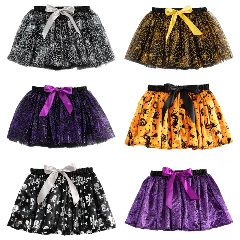 Halloween girls' printed fluffy short skirt spider web orange pumpkin short skirt