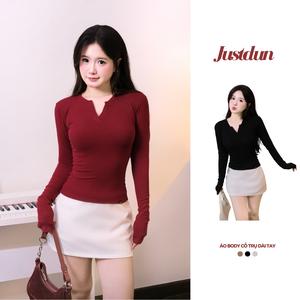Áo cổ trụ tàu tay dài ôm body cotton mềm mịn Justdun A64