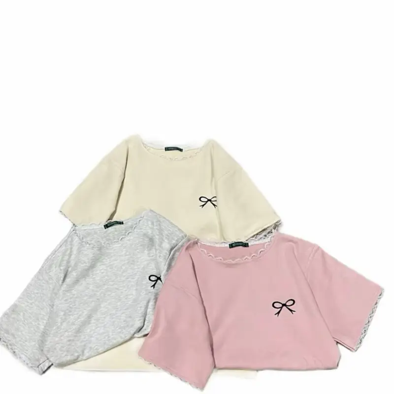 Mở Bán áo thun kiểu dáng fom ôm babytee cổ tay phối ren nơ thêu trước ngực cực điểm nhất hót trend 0