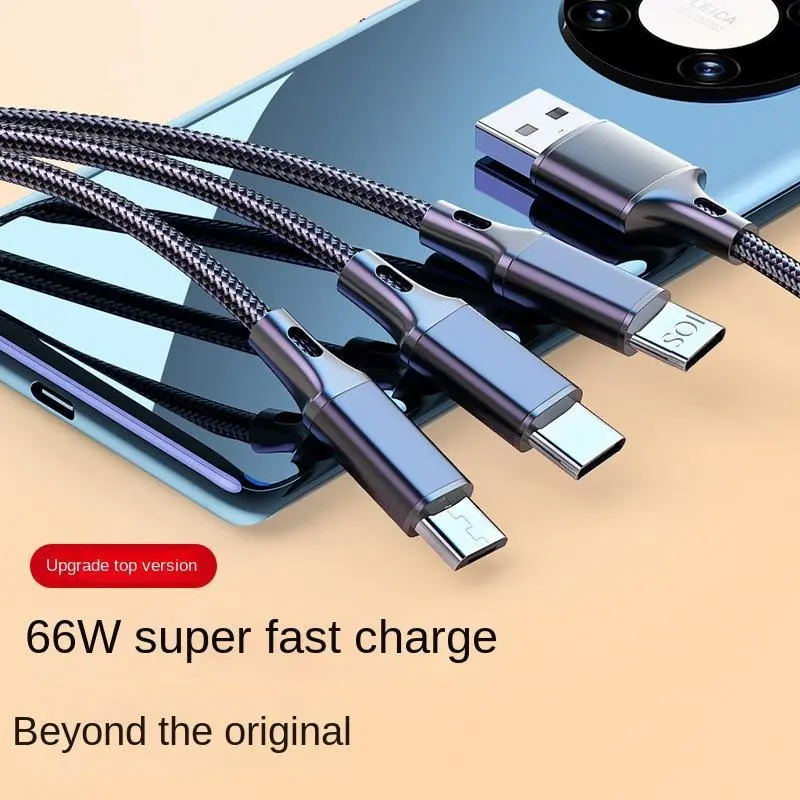 66W 3 in 1 Quick Fast Charging Data Cable iP Lightning USB Type C to Type C MicroUSB Data Transfer  harger Cable 1.2m Black