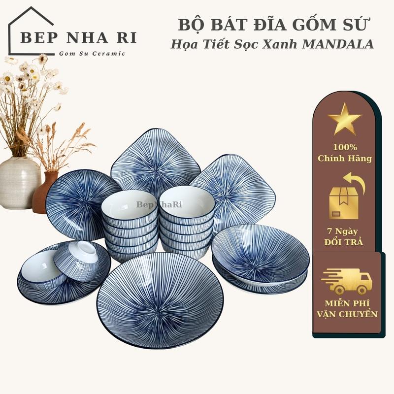 BepNhaRi Bộ Bát Đĩa Gốm Sứ Sọc Xanh ManDaLa - Phong Cách Nhật Cổ sang trọng