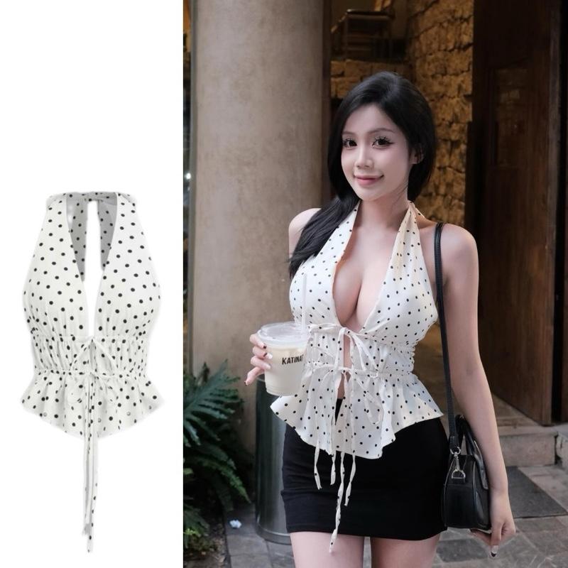   CÓ MÚT NGỰC  Áo chấm bi cổ yếm cổ V sâu quyến rũ hở lưng buộc dây trước dáng xoè bèo style Hàn Quốc - Tiệm Của Quít 