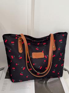 Bolsa de hombro cruzada con estampado de cerezas, diseño floral menudo de gran capacidad, perfecta para el traslado diario y necesidades de compras