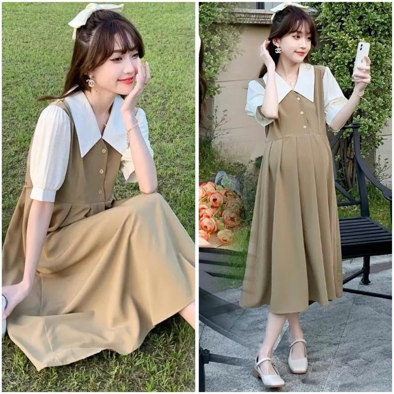 Váy Bầu Thiết Kế- Váy Bầu Công Sở Phối Cổ Sơ Mi Trắng Dáng Xuông Basic Trẻ Trung Xinh Xắn Chất Mềm Mịn Mát Free Size 45-70kg