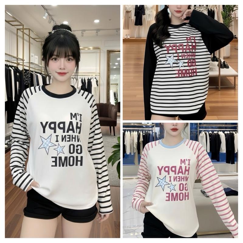 Áo thun tay dài in chữ phối sọc 631 bigsize 45-85kg chất liệu thun ruby dày dặn xinh xắn L3