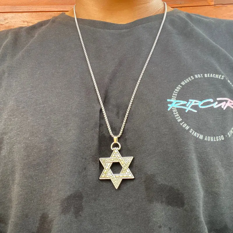 Kalung Bintang Segi 6 / Kalung Rantai + Liontin Bintang Enam Hexagram Gaya Hip Hop Korea Unik Keren Gaul / Hexagram Star of David Pendant + Chain Simple Hollow Double Triangle Necklace / Aksesoris Fashion Cowok Kalung Heksagram Bintang Daud 8