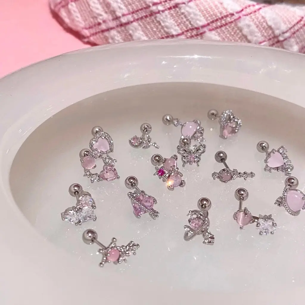 Hoa Tai Zirconia Hình Khối, Thiết Kế Trái Tim, Bướm Và Màu Hồng Ngọt Ngào, Được Làm Bằng Thép Không Gỉ, Dành Cho Nữ, Hoa Tai G23