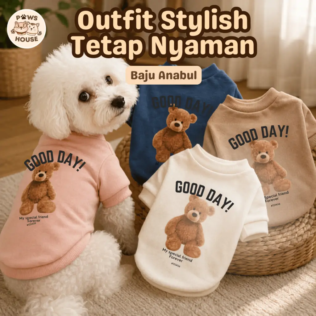 PAWS HOUSE Baju Anjing & Kucing S M L XL Motif Teddy Bear Kaos T-Shirt Pakaian Hewan Bahan Tebal