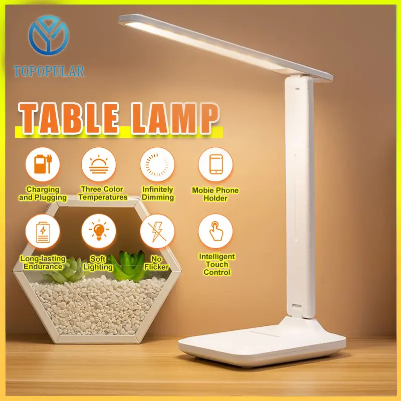 Lampu Meja LED, TOPOPULAR, Perlindungan Mata Pelajar, Lampu Malam, Palam Boleh Dicas USB, Lampu Belajar, Lampu Baca, Sesuai untuk Bilik Tidur, Lampu