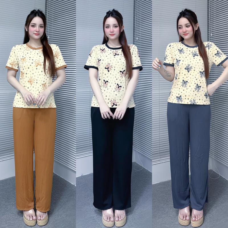 Bộ đồ thun gân tay ngắn quần ống suông rộng mặc nhà, dành cho nữ, phù hợp mọi độ tuổi 4625