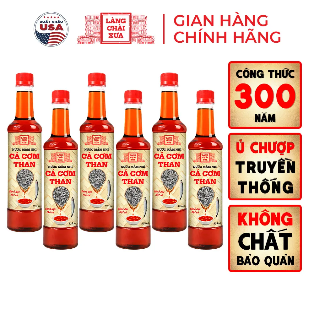 [Tặng 1 mini tôm 125ml] Thùng 6 chai nước mắm nhỉ cá cơm than truyền thống Làng Chài Xưa 525ml/chai sánh đặc thịt cá 300 năm truyền thống không chất bảo quản