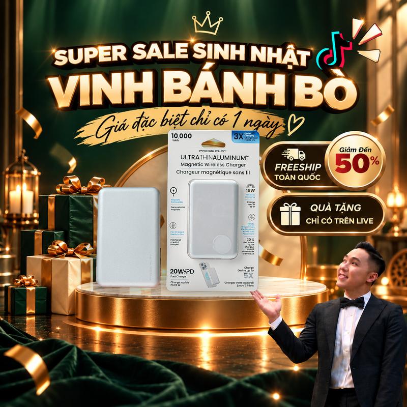 [KOC VBB 9k] Sạc Dự Phòng PressPlay Ultra 10000mAh - Sạc Không Dây Magnetic 15W, Sạc PD20W, Tích Hợp Nam Châm Magnetic, Dùng Được Cho Mọi Loại IP