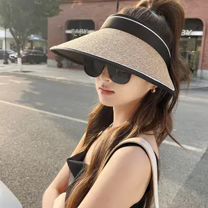 Topi Matahari Musim Panas Topi Pantai Wanita Jerami Jogging Knit Visor Lipat Anti UV Fashion import