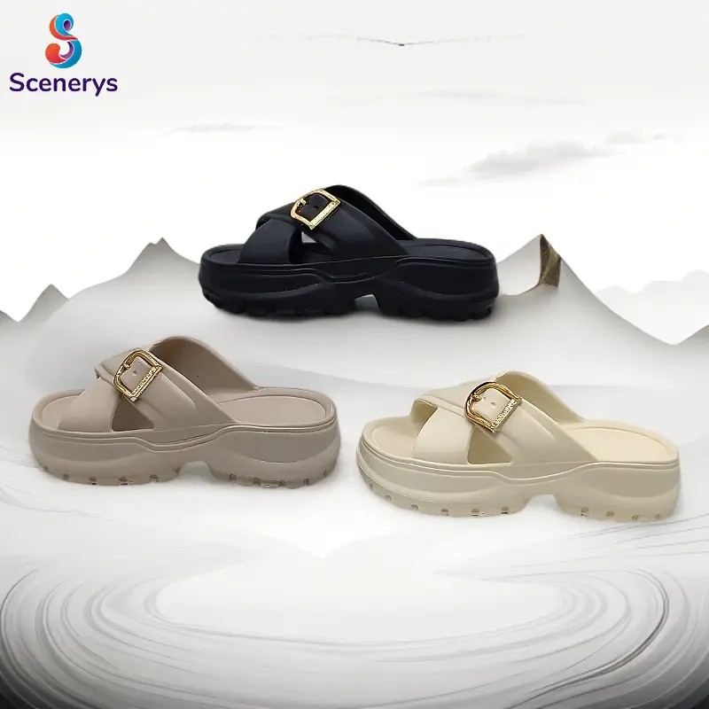 Scenerys Sandal wedges wanita, sandal fuji trendy, sandal jelly wanita motif korea, tali ganda, sandal kasual wanita 2025 0