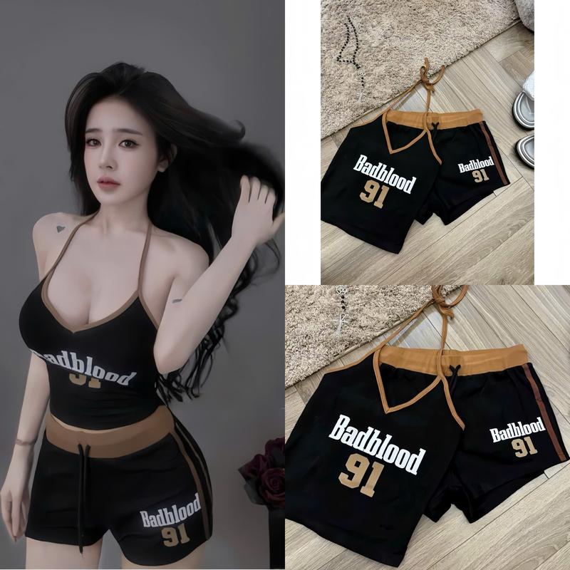  Set Bộ Đùi  Thun Tăm Hottrend Thiết Kế Áo Cổ V Viền Dây Yếm Cột Cổ   Có Mút  In Hình Ép Nhiệt Đẹp Không Bể HÌnh Phối Quần Đùi Trẻ Trung Cá Tính Thích Hợp Cho Nữ Mặc Nhà Mặc Đi Chơi 