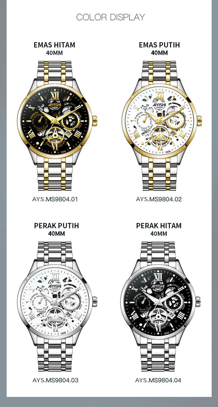 Jam Tangan Pria AIYISHI Tipe Olahraga Multi-Fungsi dengan Mesin Kuarsa Otomatis, Kaca Jam Warna Hitam, Bahan Stainless Steel, Tahan Air 30 Meter, Garansi 2 Tahun-1806