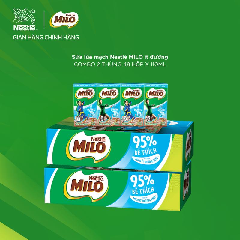  Nestlé VN Combo 2 Thùng Sữa lúa mạch Nestlé MILO Ít Đường thùng 48 hộp x 110ml 