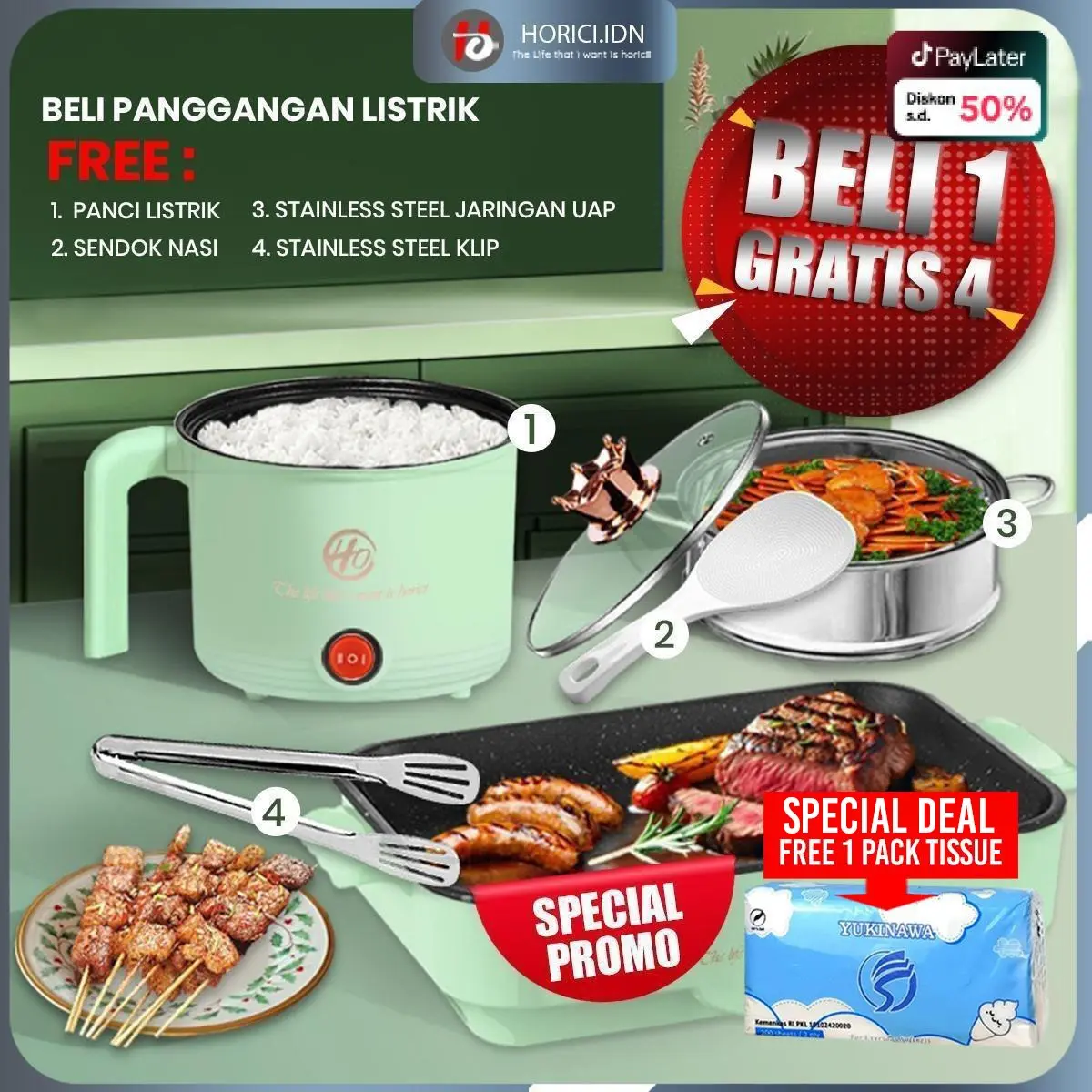 BUY 1 FREE 4 Panggangan Multifungsi BBQ ElektrIK Panci Pemanggang Anti lengket Persegi Panjang Panci Panggang Listrik Grill Electric Hijau