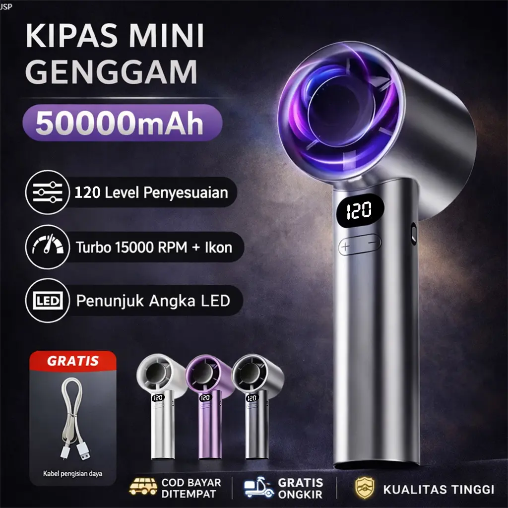 COD kipas genggam mini ultra cepatberkualitas tinggi dengan anginkencang kipas turbin yang dapatdisesuaikan dengan tampilan digital120 kecepatan cocok untuk olahragaluar ruangan untuk mendinginkandengan cepat