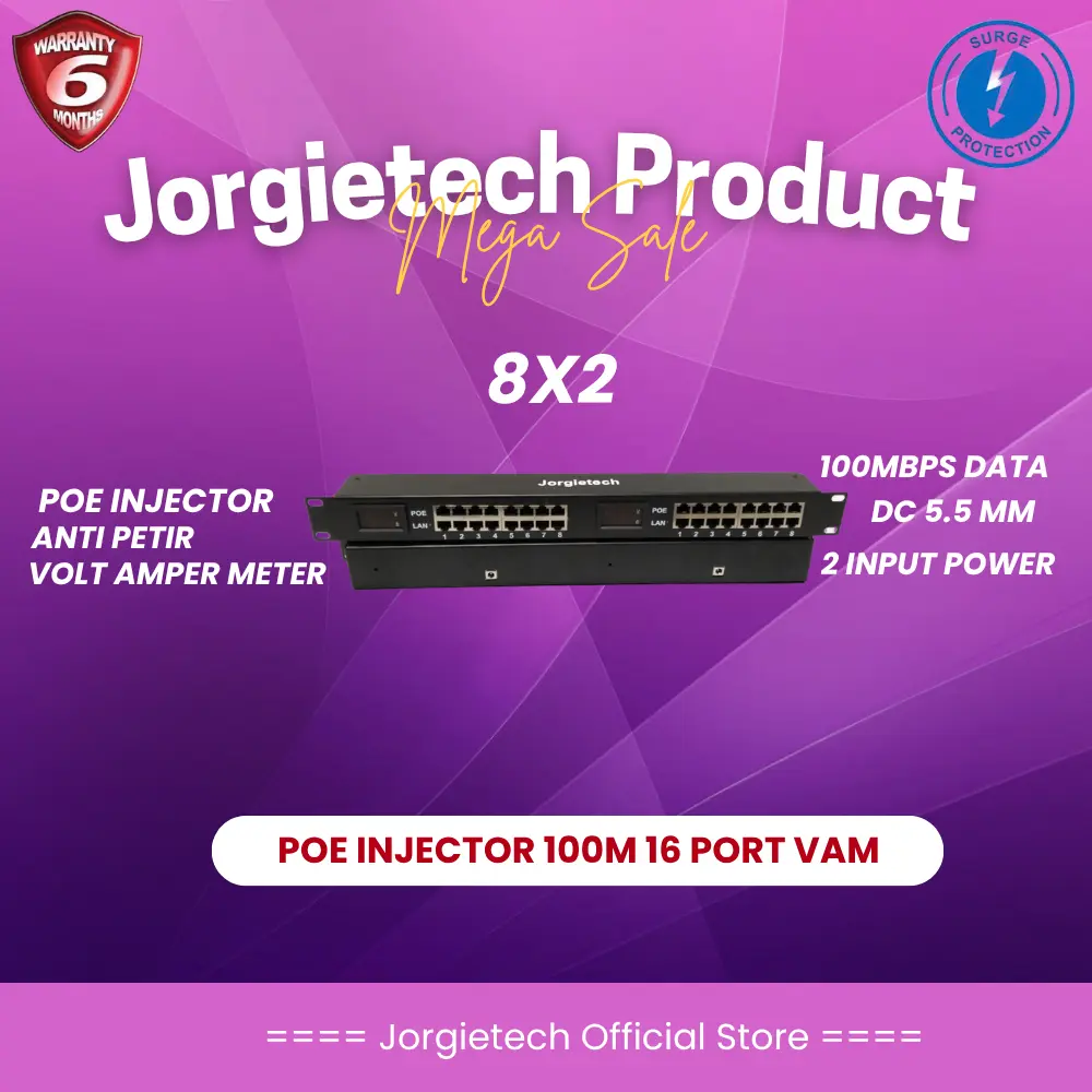 Jorgietech 100M Poe Injector 10/100mbps 16 Port Volt Ampere Meter Mikrotik UBNT Hikvision Dahua