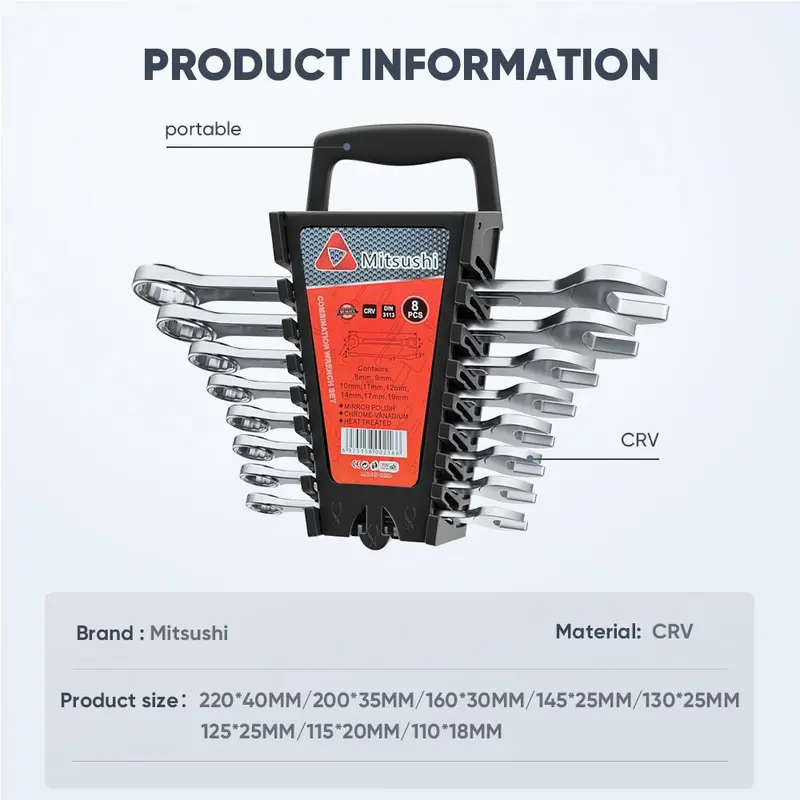 Mitsushi Kunci Ring Set Pas Kombinasi - Kunci Pas Multifungsi 8pcs Torsi kunci  1  set  lengkap kunci  letter kunci  impact alat  buka  kunci 1
