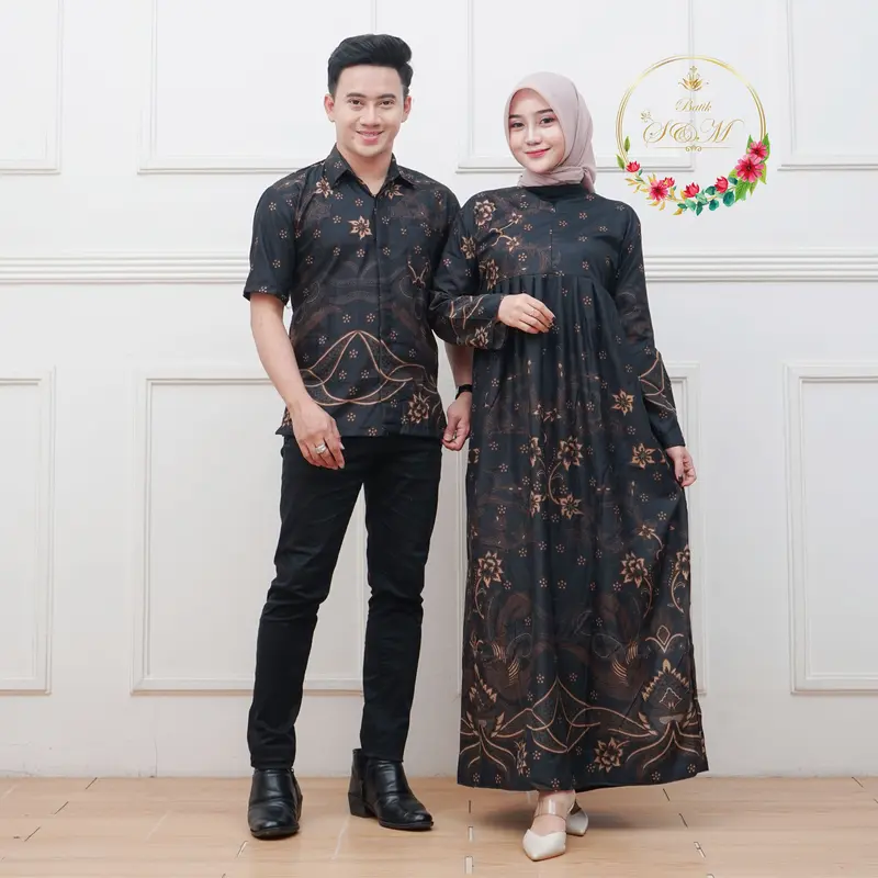 Harga sepasang Baju Pria Wanita Cuople Batik Kekinian 1 Paket Kemeja dan Gamis Sarimbit Polyester Super Premium Modern Pakaian Setelan Kondangan Pesta Muslim Pasangan 2