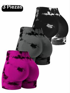 Pantalones cortos deportivos de cintura alta con estampado de teñido anudado para mujer, pantalones cortos ajustados cómodos y transpirables para entrenamiento de gimnasio y para correr, ropa deportiva de mujer para todas las temporadas