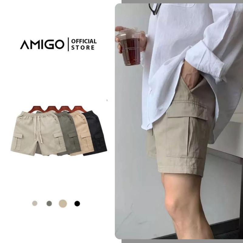 Quần short kaki túi hộp AMIGO STORE nam nữ from dáng Hàn Quốc trẻ trung basic Box short - V2 Đen Menswear Kem