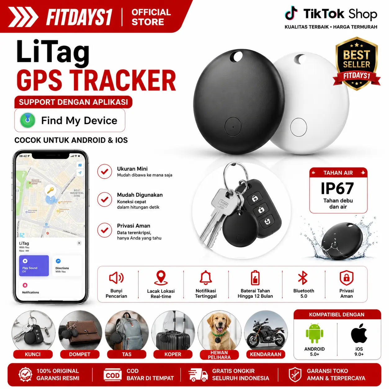 pelacak LiTag GPS Tracker - Support dengan Aplikasi "Find My Device", Cocok untuk Android & IOS, Tahan Air IP67 Smart