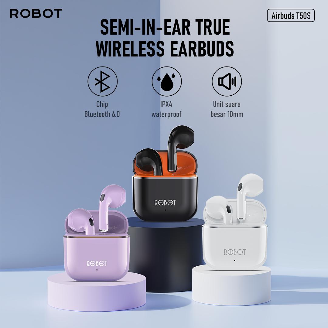 Paket Bundling TWS + Case - Robot TWS Wireless Earphone Airbuds New T50S dan case T50S Original BT 6.0 True Wireless Headset Bluetooth Earbuds IPX4 WaterProof - Garansi 1 Tahun [BISA COD]