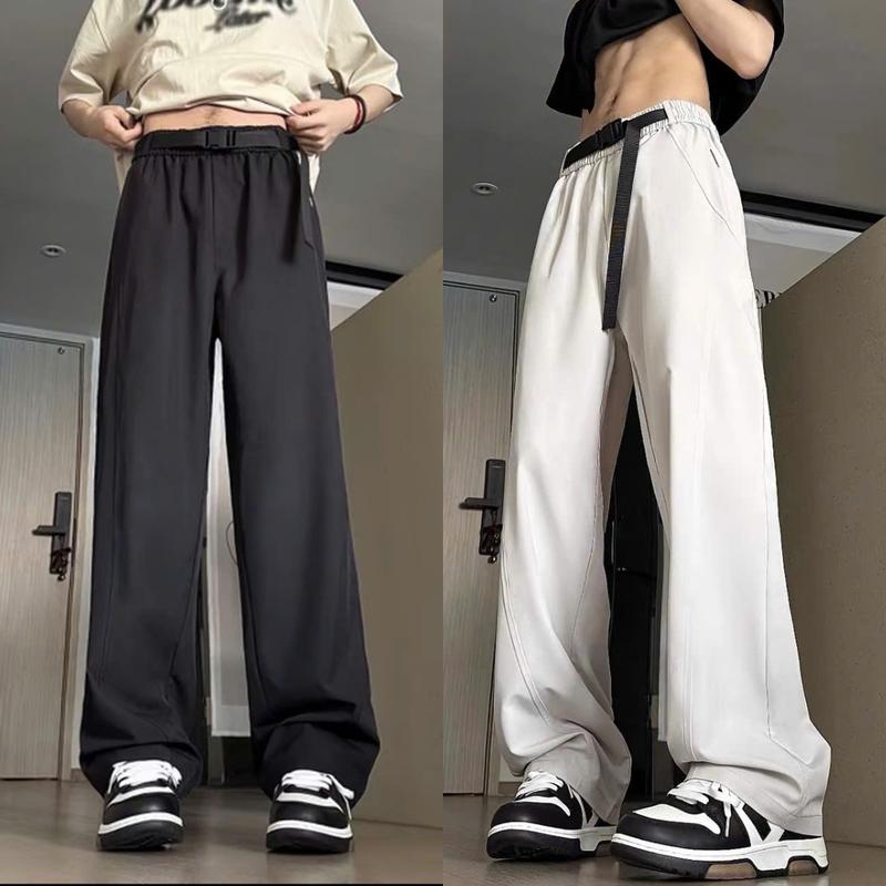 Quần Dài Ống Rộng Dáng Suông Unisex Chất Gió Lụa Thoáng Mát Lưng Chun Đai Lưng Điều Chỉnh