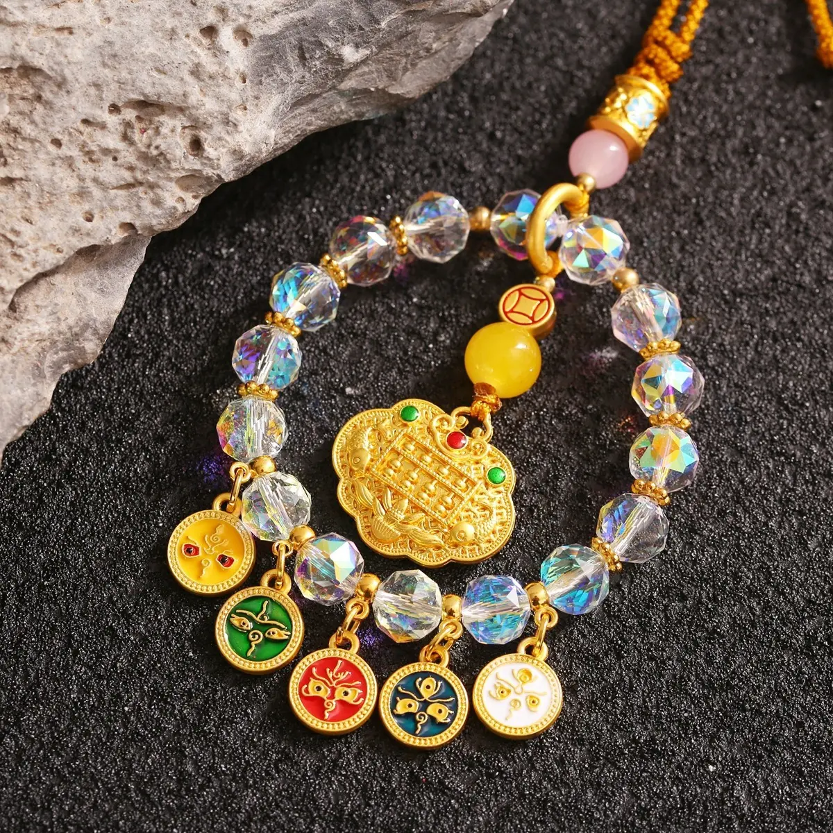 Crystal Car Hanging Featuring Five Prosperity Deities