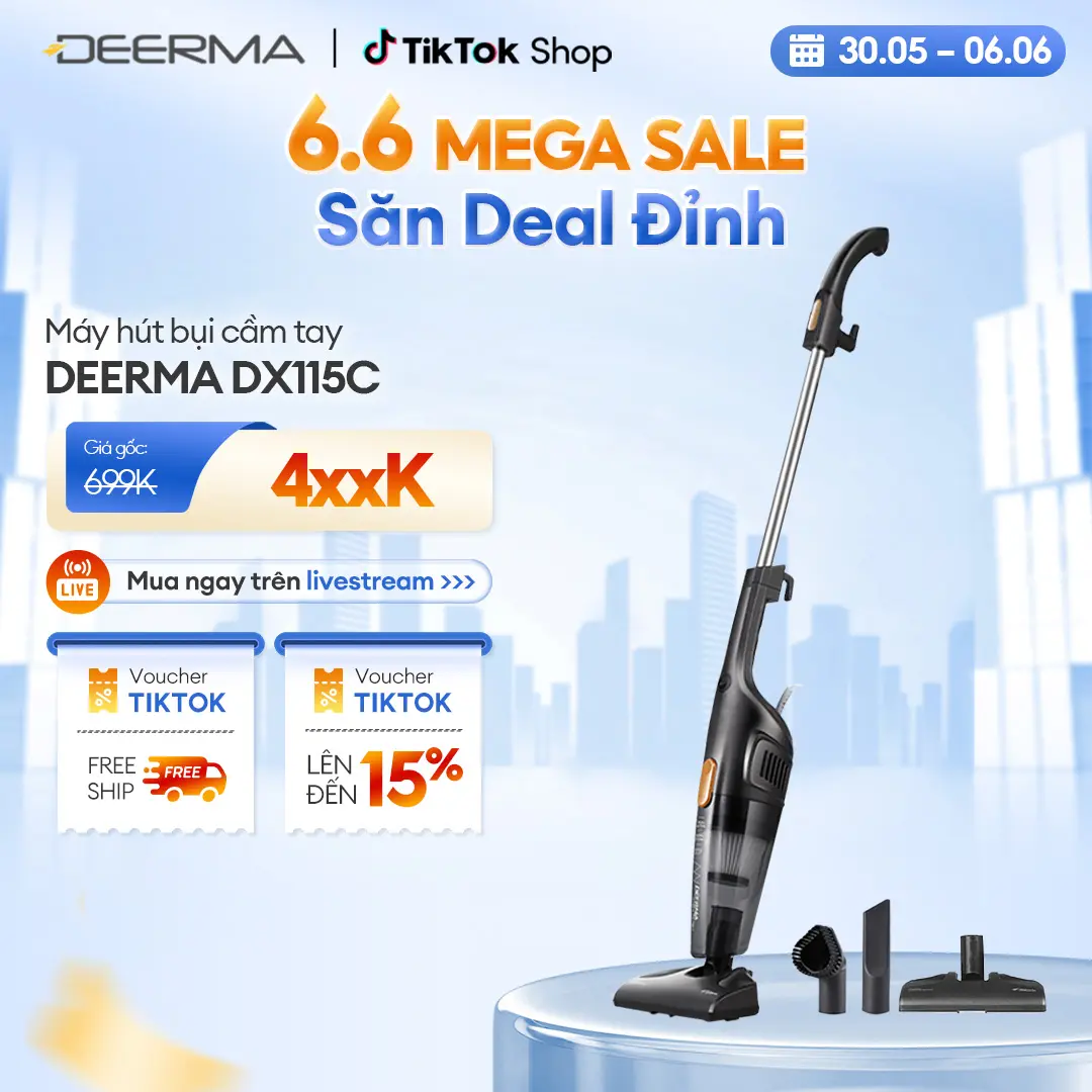 Máy hút bụi cầm tay Deerma DX115C kèm 3 đầu hút đa năng và 1 lõi lọc làm sạch - Bảo hành 12 tháng