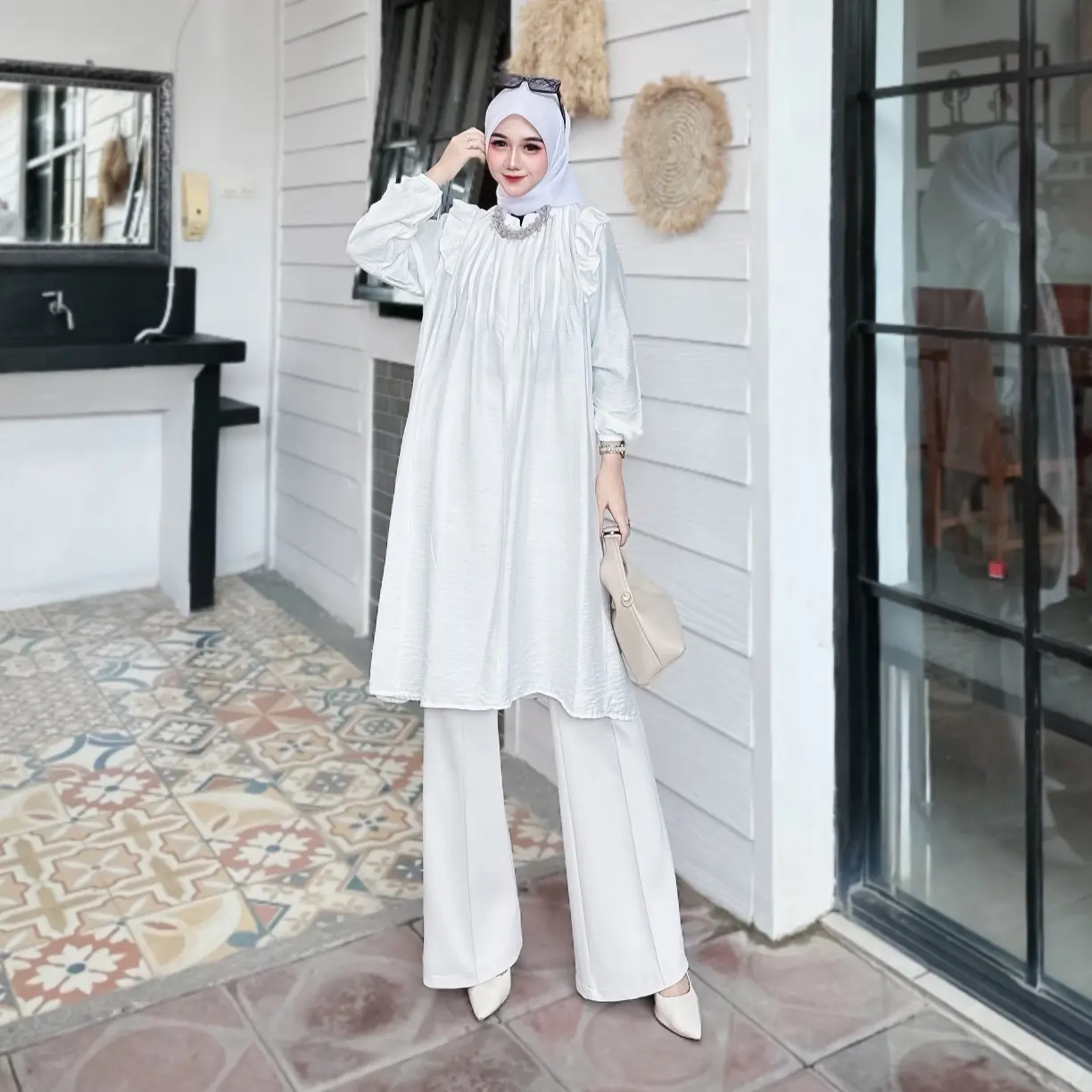 Terbaru tunik polos polo linen busui friendly Rufle pundak cantik bahan adem