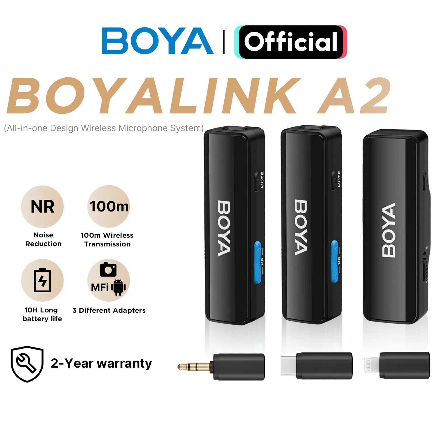 Micro Lavalier không dây, BOYALINK A1 / A2, Khử tiếng ồn, Mic ve áo, Tương thích với iPhone và điện thoại thông minh USB-C, Máy ảnh, với chế độ kênh đôi giảm tiếng ồn, đi kèm với 3 loại bộ điều hợp