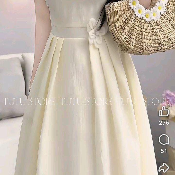TUTU STORE Đầm Dài Màu Kem Thiết Kế Hoa Trang Trí Phong Cách Sang Trọng Cho Nữ
