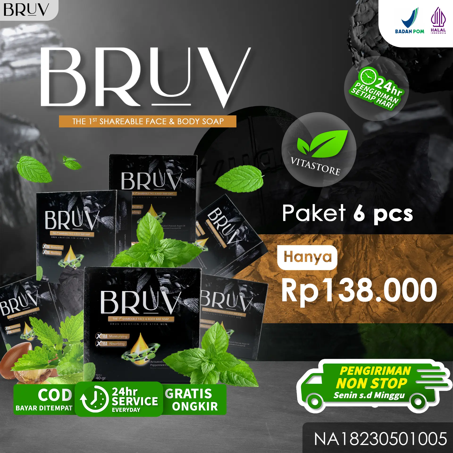 [PAKET 6 PCS] BRUV - Sabun Cuci Muka For Men Membantu mencerahkan Wajah Atasi Kulit Kusam Jerawat Flek Hitam Muka Berminyak Masalah Wajah Dan Kulit