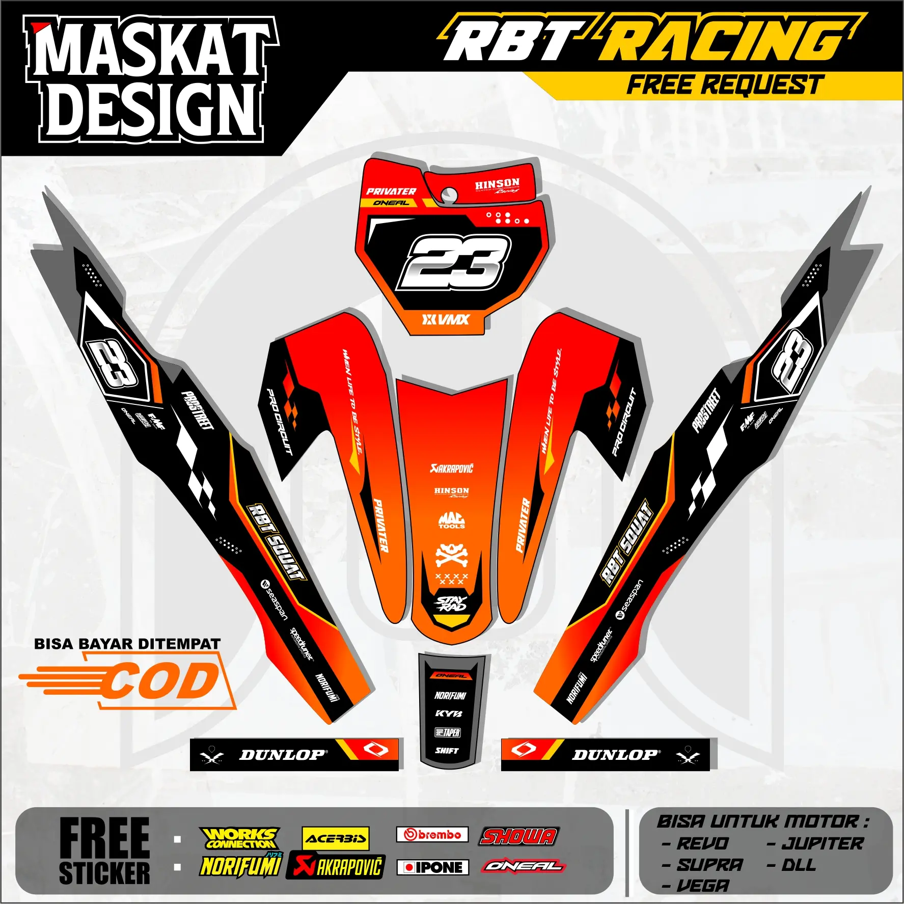 Sticker Motor RBT/GTX VEGA R New: Modif SUPERMOTO YZ CRF KLX KX KTM RBT GTX - Maskat Design 24.10 Motorcycle Glosy