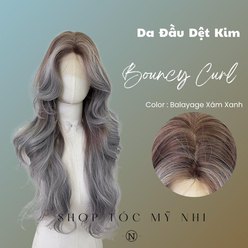 Tóc Giả Mỹ Nhi Bouncy Curl Tóc Xoăn Bung Layer Mái Bay Màu Tóc Balayage Xám Xanh x-3d-0201 Da Đầu 3D Kết Hợp (phân khúc DÁN KEO)