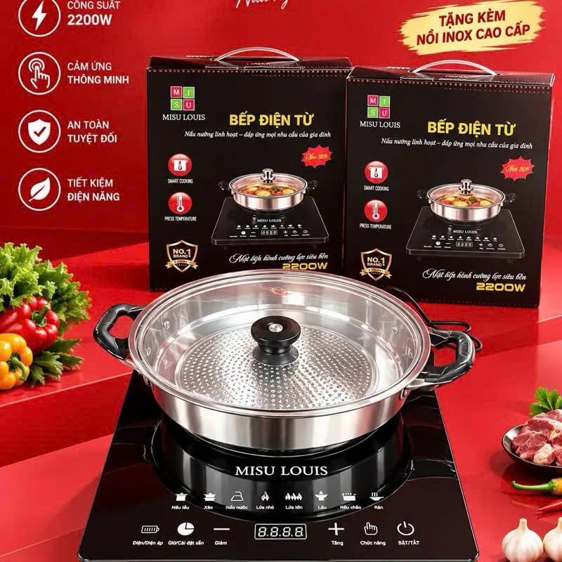 Tặng Kèm Nồi] Bếp Điện Từ Tặng Nồi Inox Công Suất 2200W, Điều Chỉnh Bằng Nút Ấn Bảng Tiếng Việt, Thiết Kế Sang Trọng,Mặt Kính Chịu Nhiệt Cao
