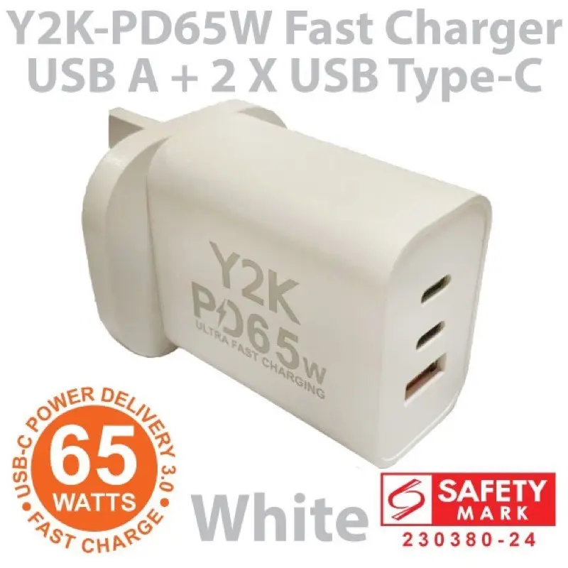 Y2K PD65W Fast Charge Adapter 2 Type C 1 USB 3.0 (6 Months Local Warranty)