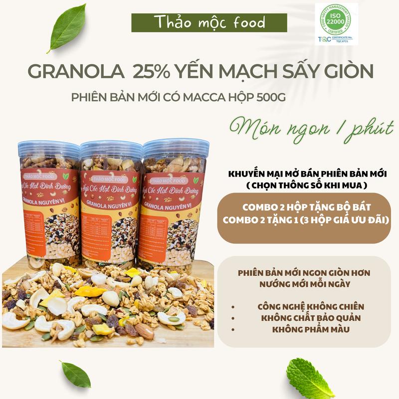 Mua 2 Tặng Quà GRANOLA Có MACCA Mới Siêu Hạt 25% Yến Mạch Sấy Giòn ,Óc Chó Hạnh Nhân Điều Sữa,Bí Xanh Mix Hoa Quả Sấy Thảo Mộc Food ngucoc mix hat dinh duong